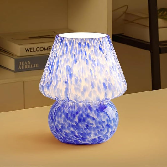 Mushroom Table Lamp, Ocean Blue Translucent Glass - Cute Mid-Century Modern Bedside Light, Nightstand Lamp for Bedroom & Living Room - Nordic Coastal Aesthetic Home Decor with Sleek Design