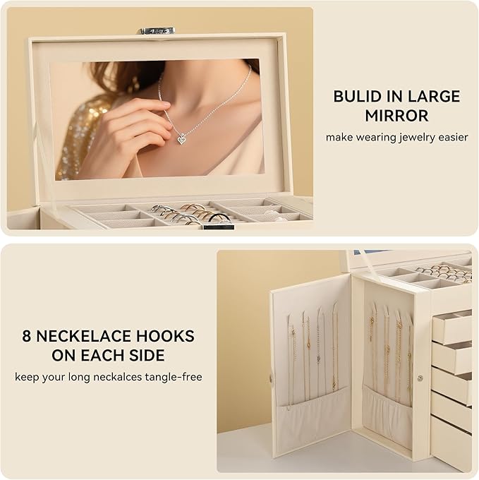 Frebeauty Large Jewelry Box,6-Tier PU Leather Jewelry Organizer,Multi-functional Storage Case with Mirror,Accessories Holder with 5 Drawers for Necklace Bracelets Watches(Beige)