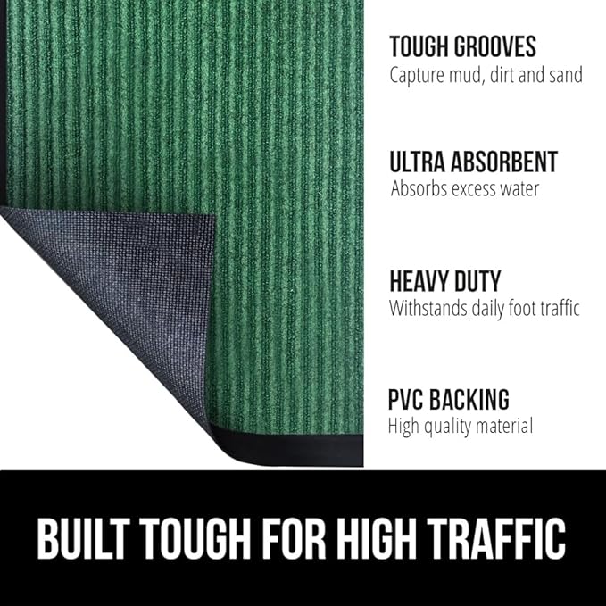 GORILLA GRIP Traffic Guard Door Mat, 72x48, Heavy Duty Welcome Mats, Commercial Office Space Doormat, Waterproof, Fade Resistant, Strong Rubber Backing, Low Profile, Shoe and Boot Scraper, Green