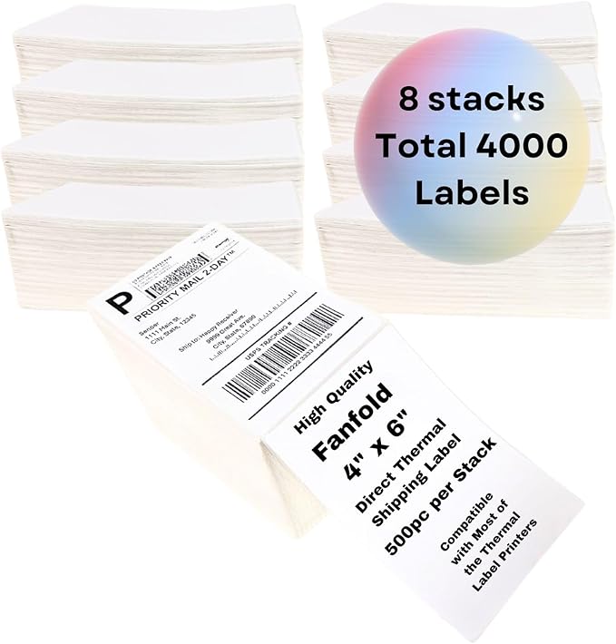 4000 Fanfold 4" x 6" Standard Shipping Labels - Perforated Shipping Labels | Commercial Grade White Mailing Postage Labels with Extra Strong Adhesive - Compatible with Most Label Printers
