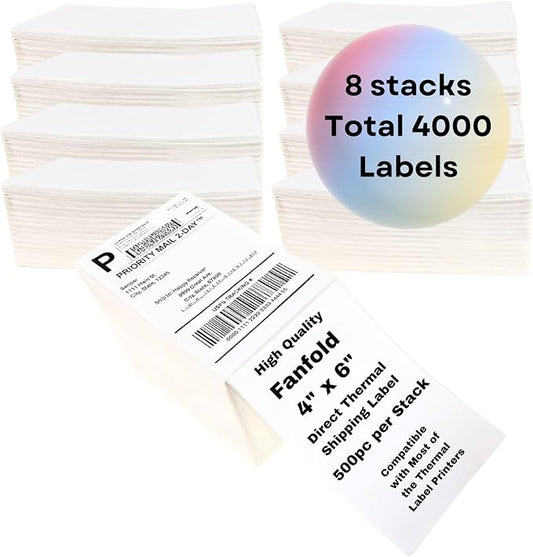 4000 Fanfold 4" x 6" Standard Shipping Labels - Perforated Shipping Labels | Commercial Grade White Mailing Postage Labels with Extra Strong Adhesive - Compatible with Most Label Printers