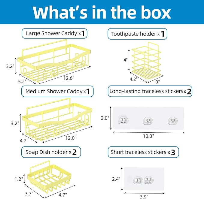 Adhesive Shower Caddy, No Drilling Bath Organizers 5 Pack, Rustproof Shelves with Soap Holder & Toothbrush Holder, Bathroom Organizers and Storage, Yellow