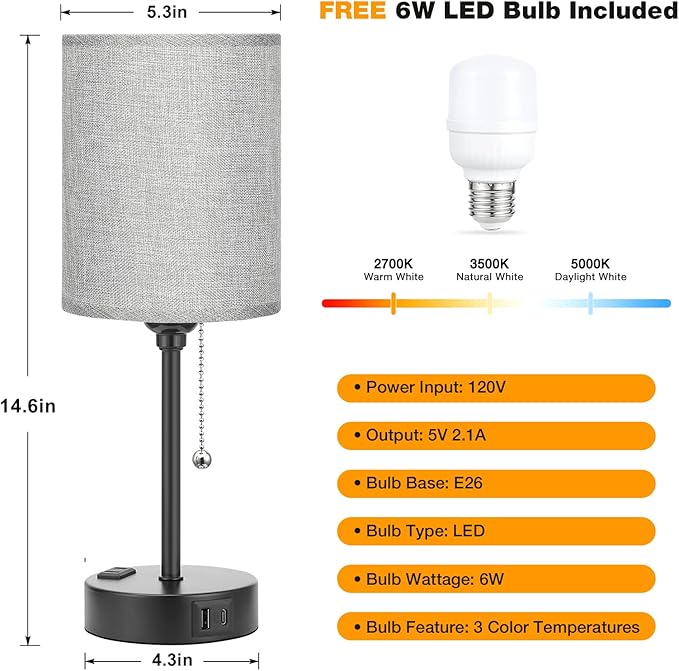 Grey Nightstand Lamps 3 Color Temperatures - 2700K 3500K 5000K Bedside Lamps with USB C and A Ports, Pull Chain Table Lamps with AC Outlet, Small Lamps with Black Metal Base for Sleeping Reading