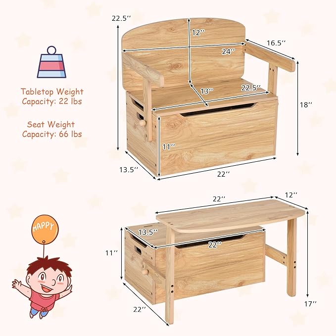 HONEY JOY Kids Table and Chair Set, 3-in-1 Convertible Wooden Toy Storage Bench with Handle, Toddler Furniture Set for Daycare Playroom, Gift for Boys Girls 3+ (Natural)