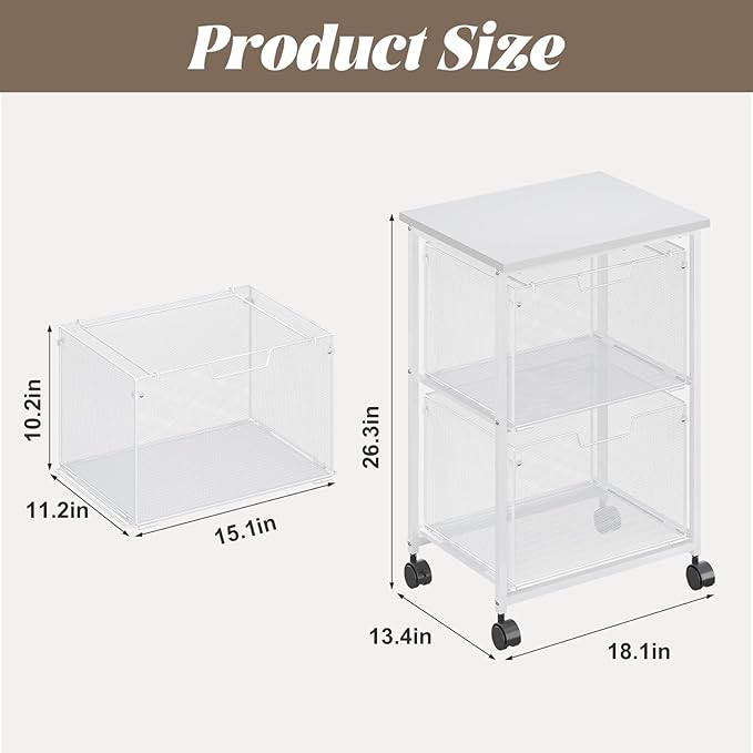 Letter/Legal Rolling File Cabinet, Rolling File Cart with 2 Drawers Filing Cabinet for Home Office, Hanging File Folders Organizer for Under Desk Storage, Mobile Printer Stand, White