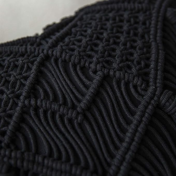 Phantoscope 100% Cotton Handmade Crochet Woven Boho Throw Pillow Farmhouse Pillow Insert Included Decorative Cushion for Couch Sofa Black 18 x 18 inches