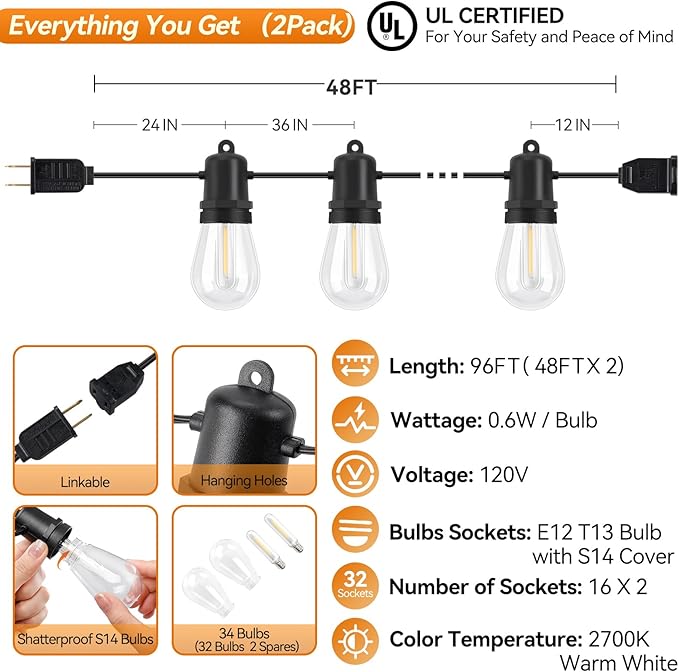 96FT Total LED Outdoor String Lights 2-Pack Dimmable Commercial Grade S14 Bulbs IP44 Weatherproof & Shatterproof for Large Patio Cafe Event
