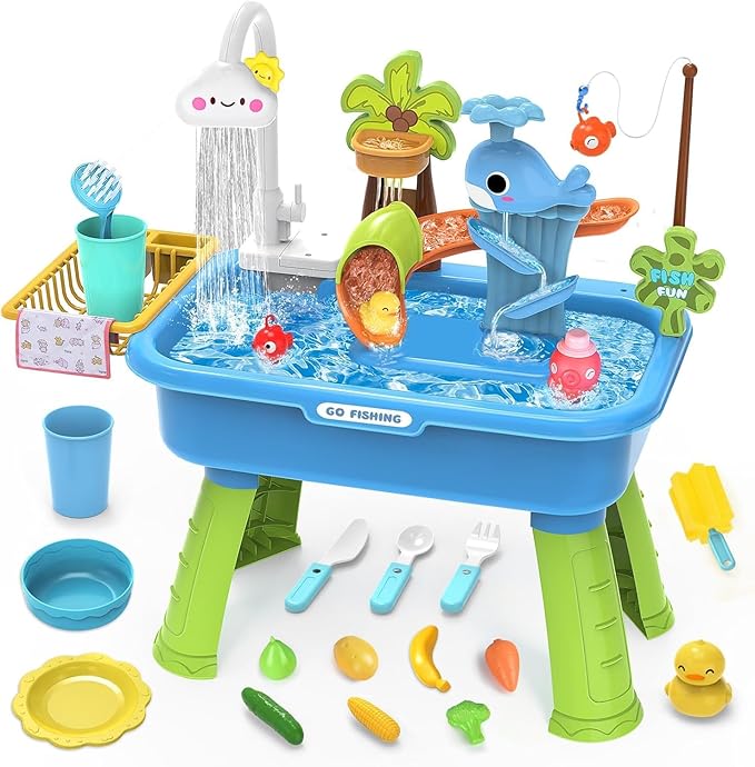 2026 Upgraded Water Table for Toddlers 1-3, Water Table with Pump,Toy Kitchen Sets for Kids Ages 4-8, with Detachable Legs, Play Sink with Electric Faucet, Includes Play Vegetables and Fishing Game