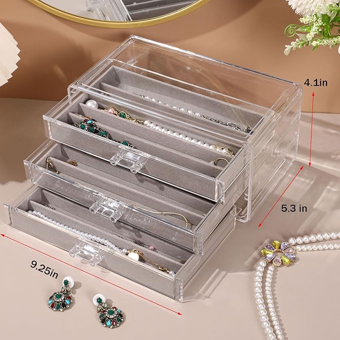 Necklace Organizer Box, Tray with Clear Lid, Dustproof Velvet Necklaces Holder Storage Display Case, Necklace Tray Drawer Insert for Pendant Suitable for Women and Girls (Grey)