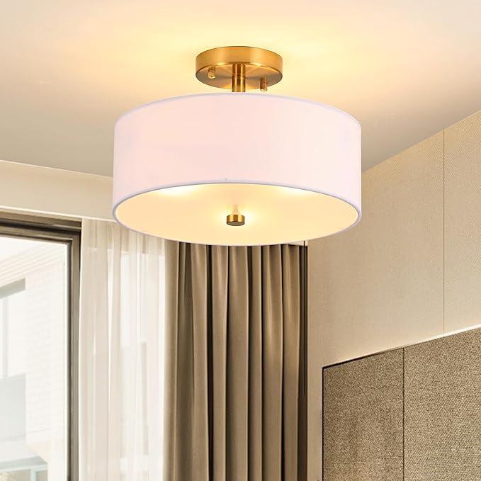 13" Semi Flush Mount Ceiling Light Fixture, 3-Light Gold Drum Light Fixture, Modern Close to Ceiling Light with White Fabric Shade Lamps for Bedroom Living Room Kitchen Hallway Entryway