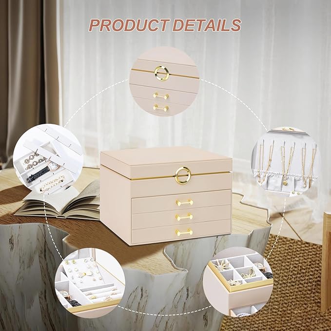 Jewelry Box Organizer for Women Girls, 4-Layer Large Jewelry boxes with 3 Drawers Jewelry Storage Case for Earrings Bracelets Necklaces