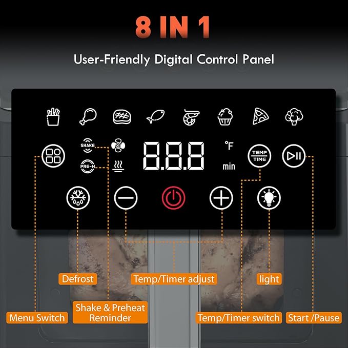 Air Fryer with Window Visible 8-in-1,8.7-Qt Large space,85% Less Oil,Roast, Bake, Dry, Reheat, Frozen, Broil,160-400℉ Even Results With Precise Temperature Control,Dishwasher-Safe