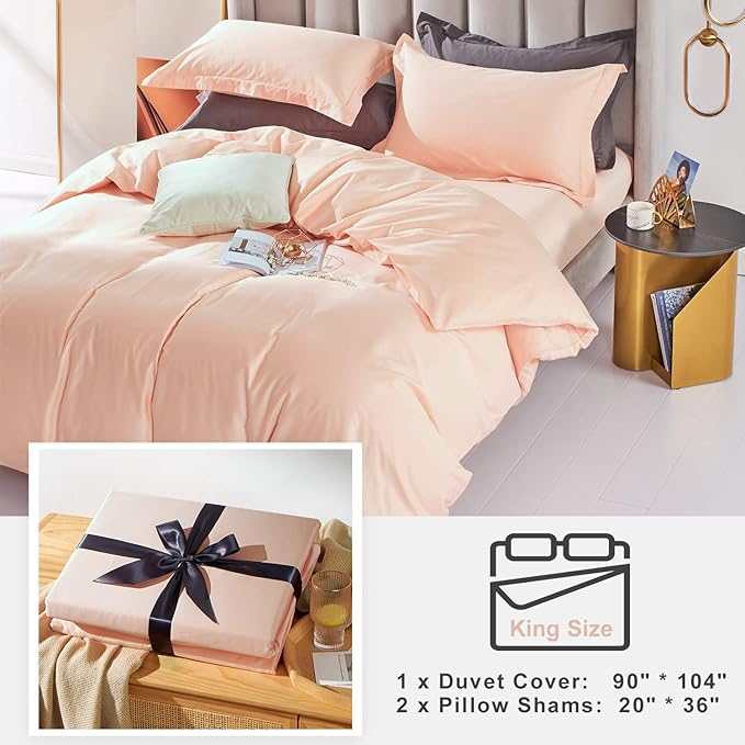 MILDLY King Duvet Cover Set Pink 100% Long-Staple Cotton Sateen Weave Luxury Soft Comforter Cover Set 3 Piece with Zipper Closure & Corner Tie (No Comforter)