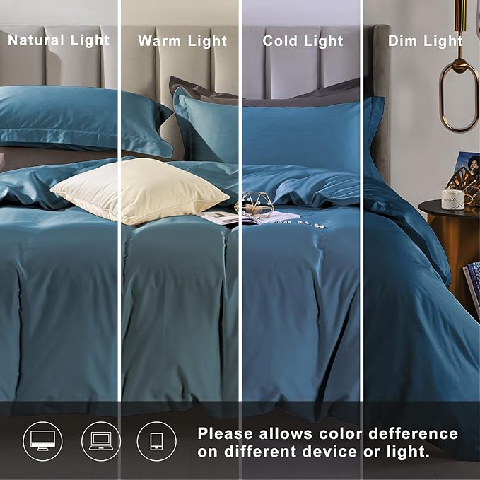 MILDLY 100% Long-Staple Cotton Duvet Cover Set Queen Size Teal Blue Comforter Cover Sets Ultra Soft Bedding Set 3 PCS with Zipper Closure & Corner Tie (No Comforter)