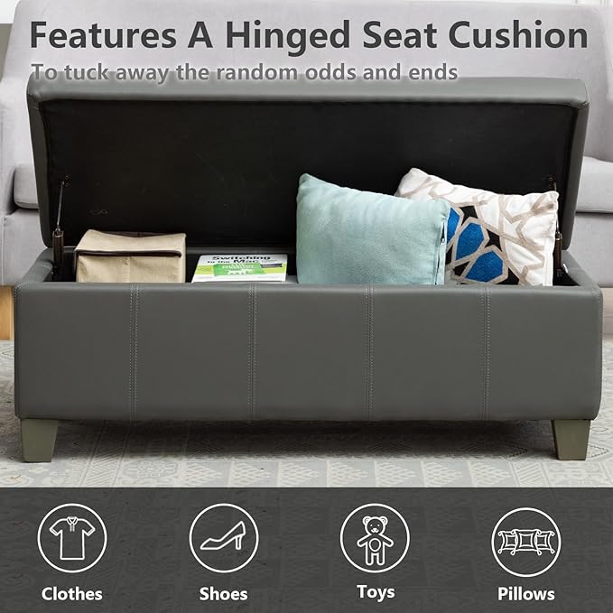 Grey Faux Leather Ottoman with Storage, Rectangular Extra Long Storage Bench for Bedroom and Living Room
