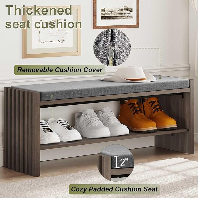 BON AUGURE Shoe Storage Bench, Entryway Bench with Cushion, Ottoman Benches for Bedroom, Living Room, Shoe Rack Seat for Hallway Entry (Greige Oak, 40 Inch Wide)