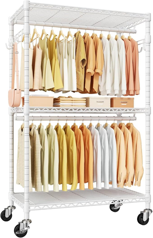 P1 Rolling Clothes Rack Heavy Duty, Metal Closet Clothing Rack with Lockable Wheels, Portable Wardrobe Closet for Hanging Clothes, 35.5" W x 15.7" D x 80.5" H, Hold 500lbs, White