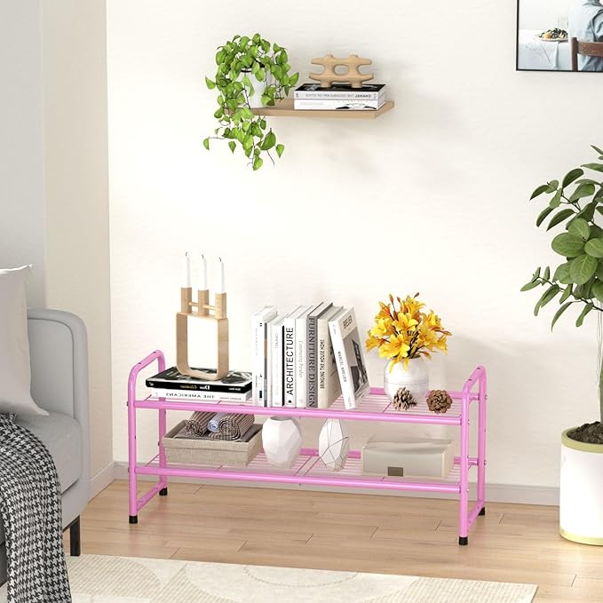 SUFAUY 2-Tier 33" Wide Shoes Rack Shelf for Closet Metal Stackable Shoe Storage Organizer, Wire Grid, Pink
