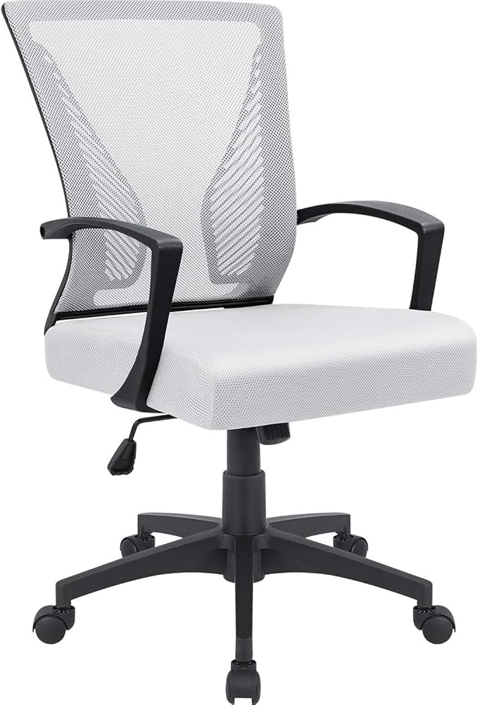 Furmax Office Chair Ergonomic Computer Desk Mesh Chair Mid Back Swivel Lumbar Support with Armrest (1, White)