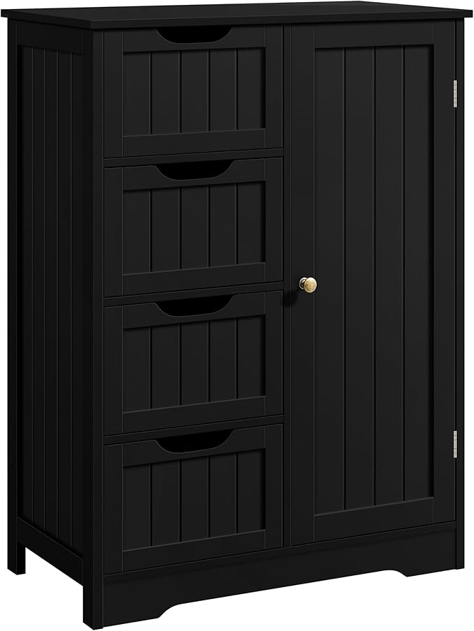 Yaheetech Wooden Storage Cabinet, Bathroom Storage Organizer with 4 Drawers & 1 Cupboard, Freestanding Cabinet Table for Bathroom, Entrance Area, Kitchen, Black