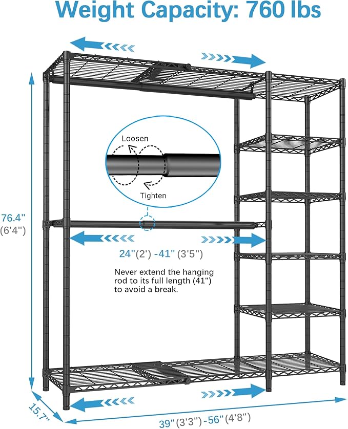 VIPEK X2 Expandable Reach-in Closet Racks Adjustable from 3'3" to 4'8" Portable Open Walk-in Closet Rack System with Flexible Shelves and Hanger Rods Clothing Rack for Hanging Clothes, Black