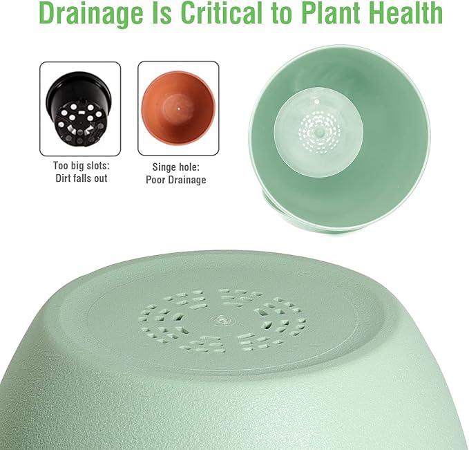 WOUSIWER Plant Pots 10/9/8 inch, Set of 3 Modern Decorative Plastic Planters with Drainage Holes and Saucers for House Plants Indoor Flowers Plants, Green