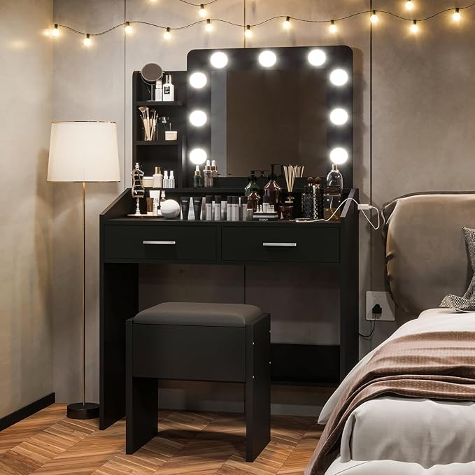 Vanity Desk with Mirror and Lights for Bedroom, Black Modern Makeup Table with 2 Drawers, 3 Light Modes & Dimmable LED, Includes Stool