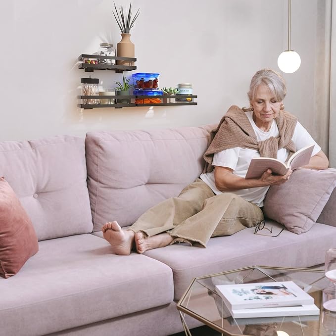 Spice Rack Organizer Wall Mount, 10" Hanging Black Spice Organizer Shelf, Farmhouse Seasoning Organizer, Space Shelves Holder for Kitchen, Flexible Bathroom Organizer (2 Pack)