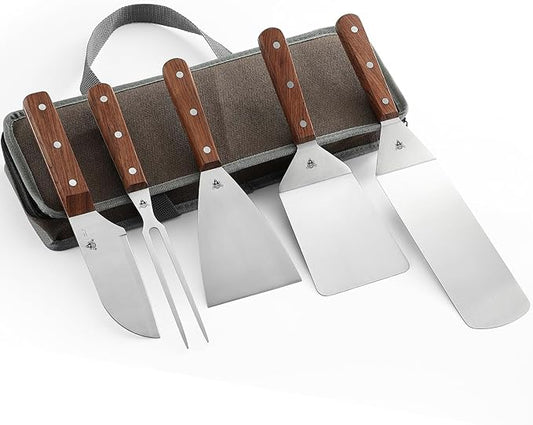 GRILLGEN 6-Piece Professional Griddle Accessories Kit for Griddle Cooking, Premium Rosewood Handles Spatulas Set with Scraper, Santoku Knife, Carving Fork, Storage Bag, Flat Top Grill Accessories