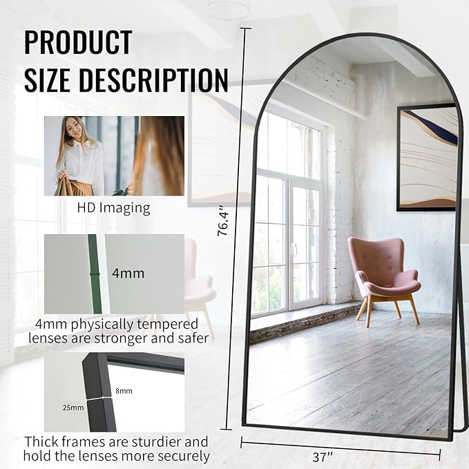 Beauty4U 76" x 37" Arch Large Full Length Mirror with Stand, Black Wall Mounting Full Body Mirror, Metal Frame for Living Room, Bedroom