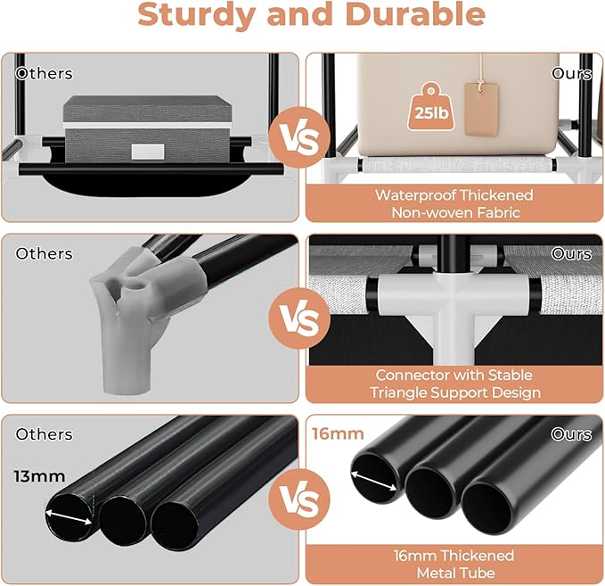 VTRIN Portable Closet Wardrobe for Hanging Clothes 57.3 Inch Large Capacity Clothes Rack with Cover, 10 Storage Organizer Shelves, 1 Hanging Rods and 6 Pockets, Free Standing Closet for Bedroom, Black