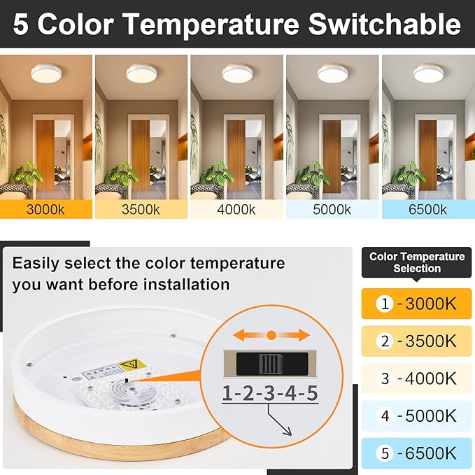 Dimmable Wood LED Ceiling Light Fixture, White Round Low Profile Flush Mount Lighting, Modern 5CCT 2700K-6000K Ceiling Lamp for Laundry Room Hallway Kitchen Bedroom, 11.8in