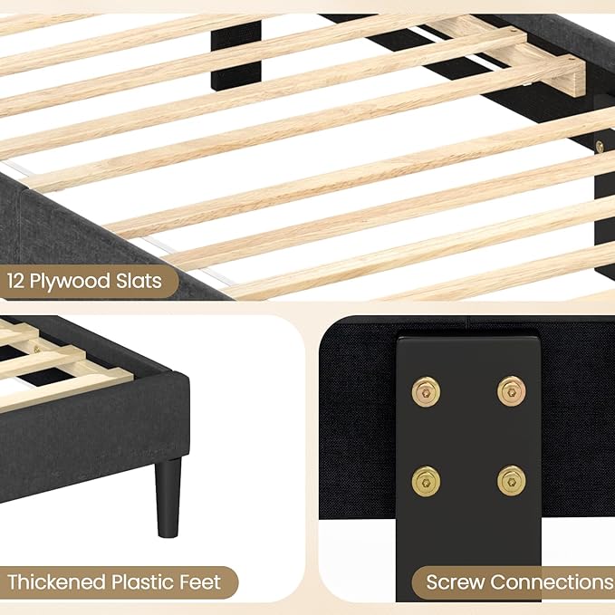 Giantex Twin Bed Frames with Headboard, Modern Upholstered Platform Bed Frame with Geometric Tufting Headboard, Wooden Slats Support, No Box Spring Needed, Gray