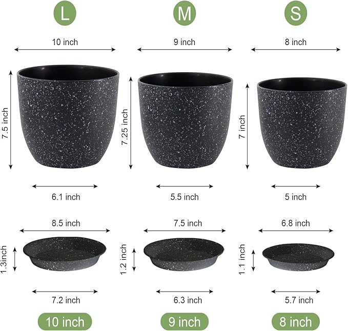 WOUSIWER Plant Pots 10/9/8 inch, Set of 3 Modern Decorative Plastic Planters with Drainage Holes and Saucers for House Plants Indoor Flowers Plants, Black with White Speckles