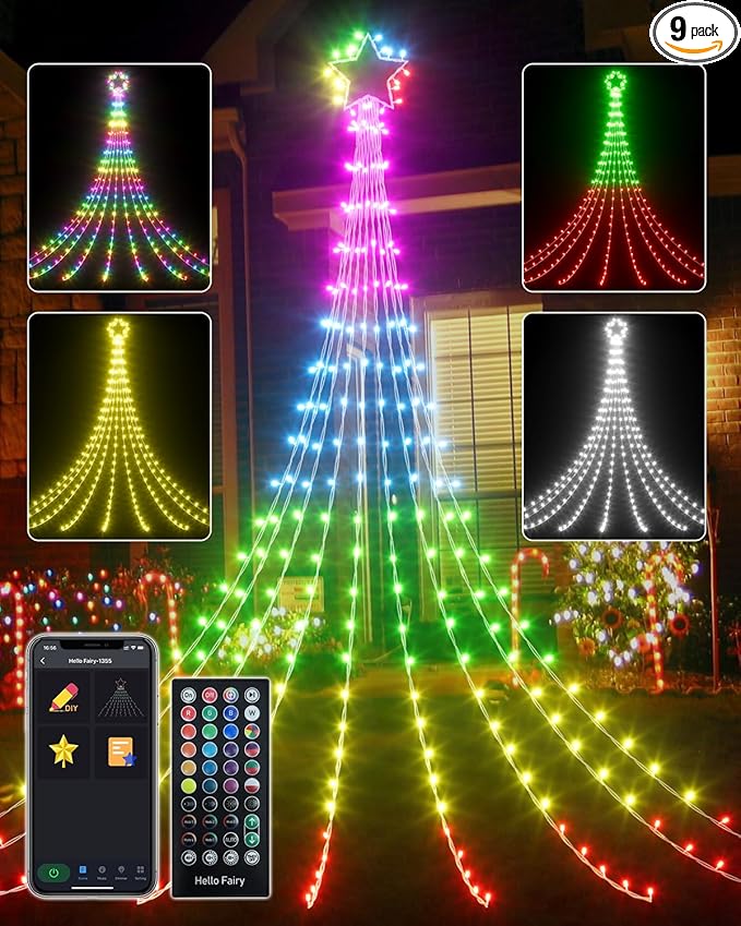 Avatar Controls Smart Outside Christmas Tree Lights for Yard, 16.5FT DIY Color Changing Star Waterfall Lights App Control Music Sync, Timer, Christams Decoations Light Plug in for Outside Xmas Home