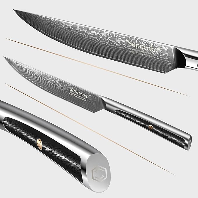 Sunnecko Kitchen Steak Knife 5 Inch Damascus Steak Knife VG-10 Japanese Steel, Non Serrated Steak Knives Full Tang