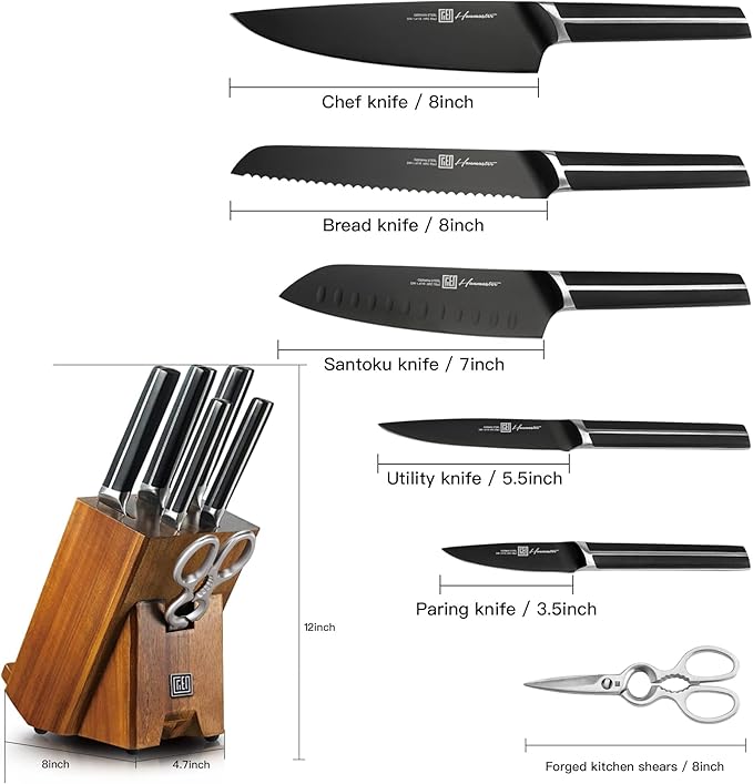 Kitchen Knife Set, 7 Pieces German Stainless Steel Knives Set for Kitchen with Acacia Wood Block, Kitchen Scissors, Box Packed, Elegant Black