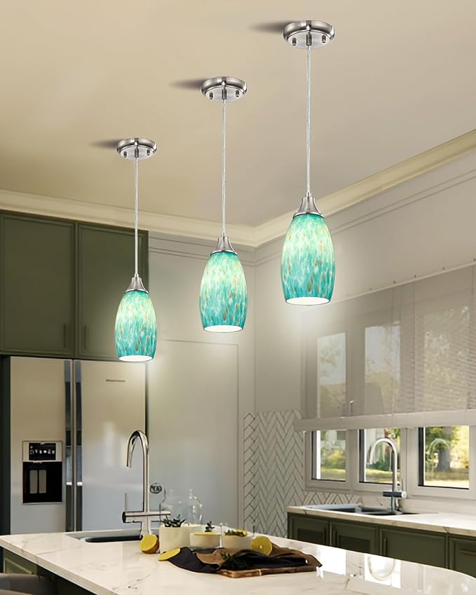 Mini Pendant Lights Kitchen Island Hand Blown Aqua Glass Pendant Light with Brush Nickel Finish Adjustable Cord for Kitchen Over Sink,Hallway,Dining Room,Stairs Way