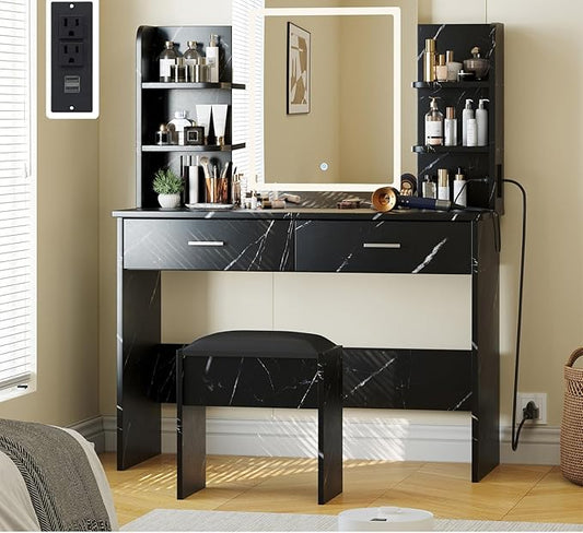 Garvee Vanity Desk with Lights | Tri-Mode LED Lighted Mirror & Charging Station | Makeup Vanity Set with 6 Shelves, 2 Drawers, Soft Cushion Stool | Dimmable Vanity Desk for Bedroom (Marble Black)