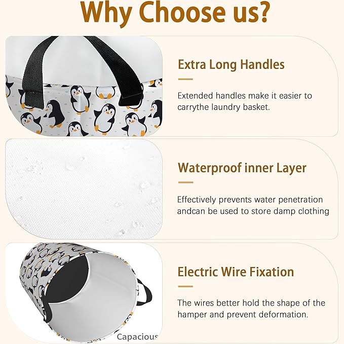 Laundry Hamper, Cute Penguins Laundry Basket,Waterproof Foldable Storage Bin for Bedroom,Clothes Organizer Basket,Toys Box 16x20 Inch