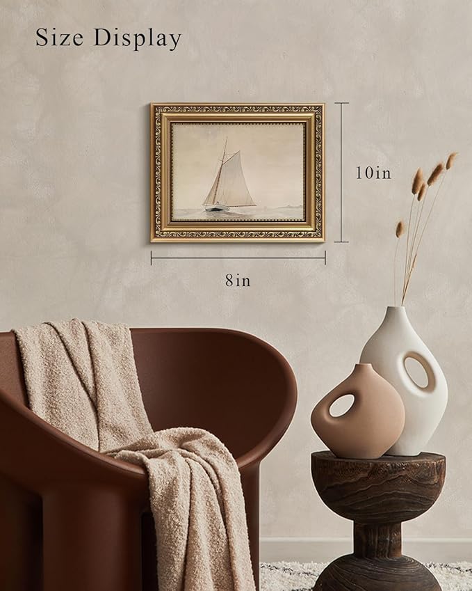 VIYYIEA Gold Framed Wall Art, White Sailboat Canvas Print Home Decor Vintage Art Painting Picture Bathroom Wall Decor, Sketch Artwork for Living Room Bedroom Kitchen Office - 10L x 8W