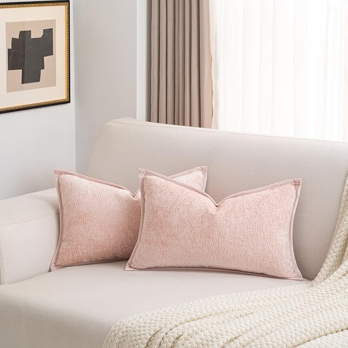 FUTEI Pink Chenille Throw Pillow Covers 12x20 Inch Set of 2,Soft Cozy Bound Edge Design Lumbar Pillow Cases,Home Decor for Couch Bed Living Room