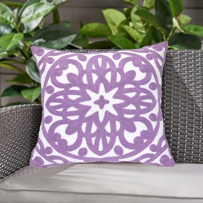 Alysheer Embroidered Decorative Throw Pillow Cover 20"x 20", Boho Mandala Modern Thick Embroidery Pattern, Durable Cotton Canvas Soft Cushion Case for Sofa Couch Bed Living Room (Lilac Lavender)