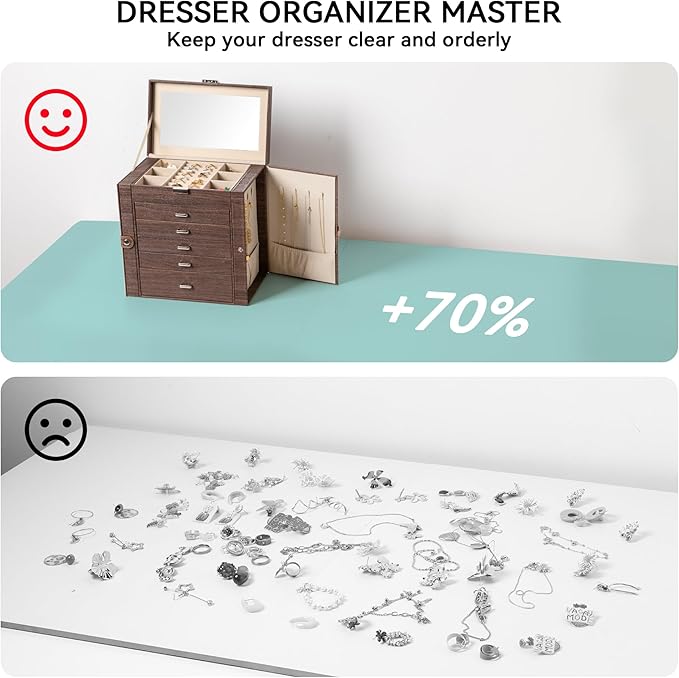 Frebeauty Large Jewelry Box,6-Tier PU Leather Jewelry Organizer,Multi-functional Storage Case with Mirror,Accessories Holder with 5 Drawers for Necklace Bracelets Watches(Tree Brown)