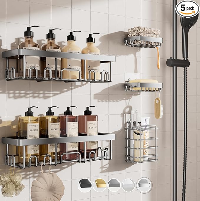 Veken Adhesive Shower Caddy 5-Pack,Heavy Weight Bearing,Large Wall Mounted Shower Shelves Rack,Organizer Storage Accessories with Soap Dish&Toothbrush Holder,Ideal for Bathroom,Home&Kitchen,Silver
