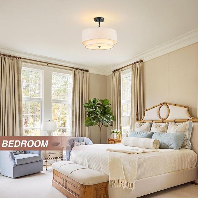 16" Semi Flush Mount Ceiling Light, Black 3 Light Double Drum Fabric Lampshade Lighting Fixture for Living Room, Bedroom, Dining Room, Kitchen, Hallway (Swivel Canopy for Sloped/Flat Ceiling)