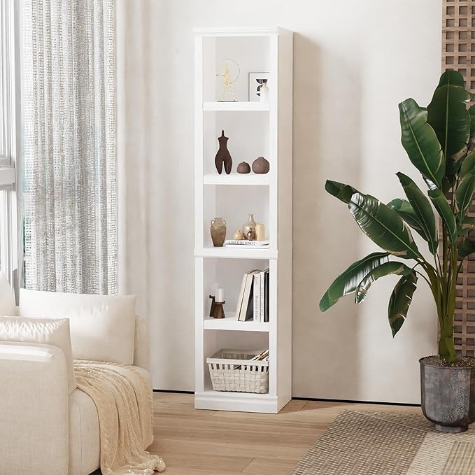 blini 5-Shelf Narrow Bookcase White Wooden Bookshelves Floor Standing Display Storage Shelves Bookcase for Home Office, Living Room, Bed Room