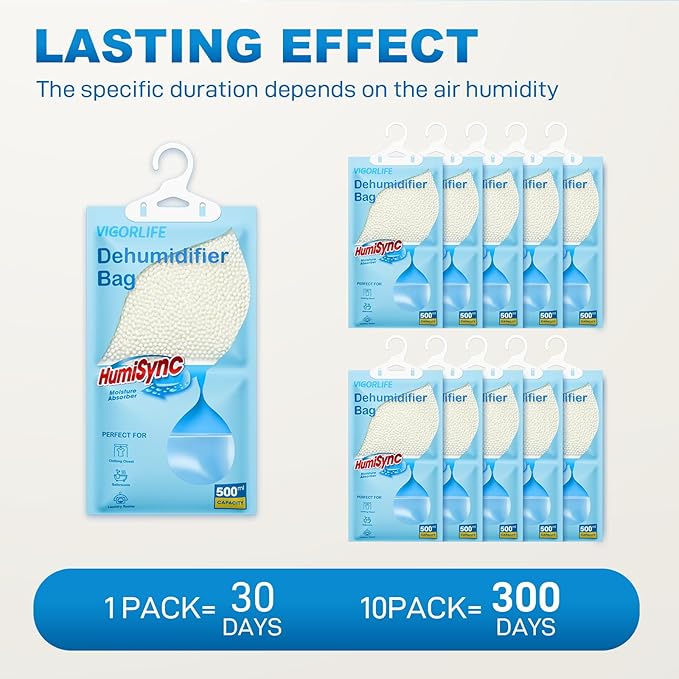 Moisture Absorbers Packets 9.8 OZ, Hanging Closet Dehumidifier Bags, Portable Humidity Absorber in Wardrobes, Bathrooms, Closet, Bedrooms, Attract and Trap Excess Moisture, Desiccant 10 Pack (Blue)