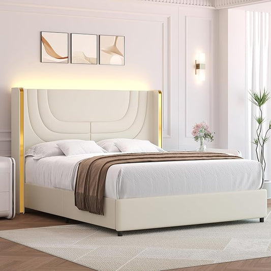 Full Size Bed Frame with LED Lights, Faux Leather Upholstered Platform with Silver Wingback Headboard, Modern Style, No Box Spring Needed, Easy Assembly, Cream