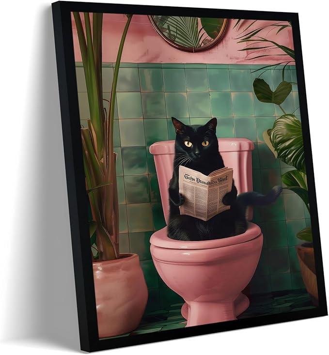 Framed Vintage Cat Canvas Wall Art, Funny Pink Animal Reading Books Painting Picture Print, Cute Kitten Lovers Aesthetic Wall Decor for Nursery Girls Room Bedroom Kids Room 10''L x 8''W